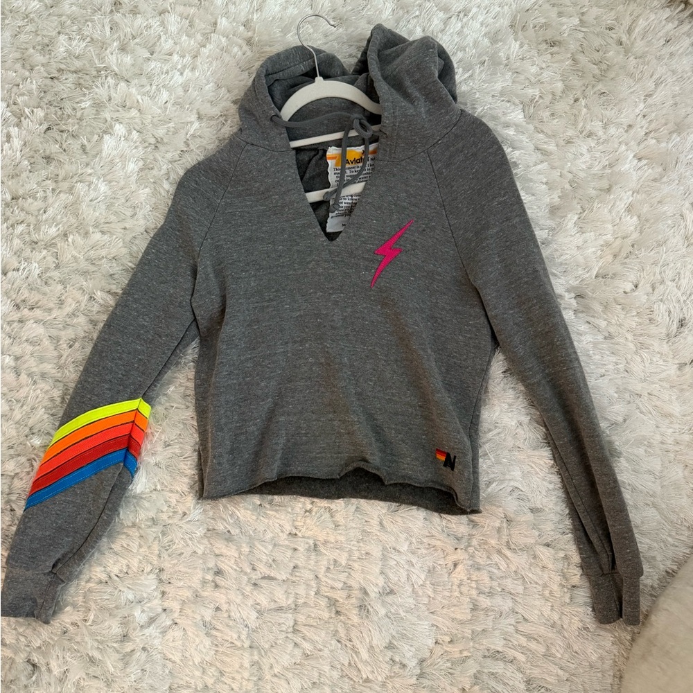 Aviator Nation Gray Hoodie with Lightning Bolt and classic 5-Stripe